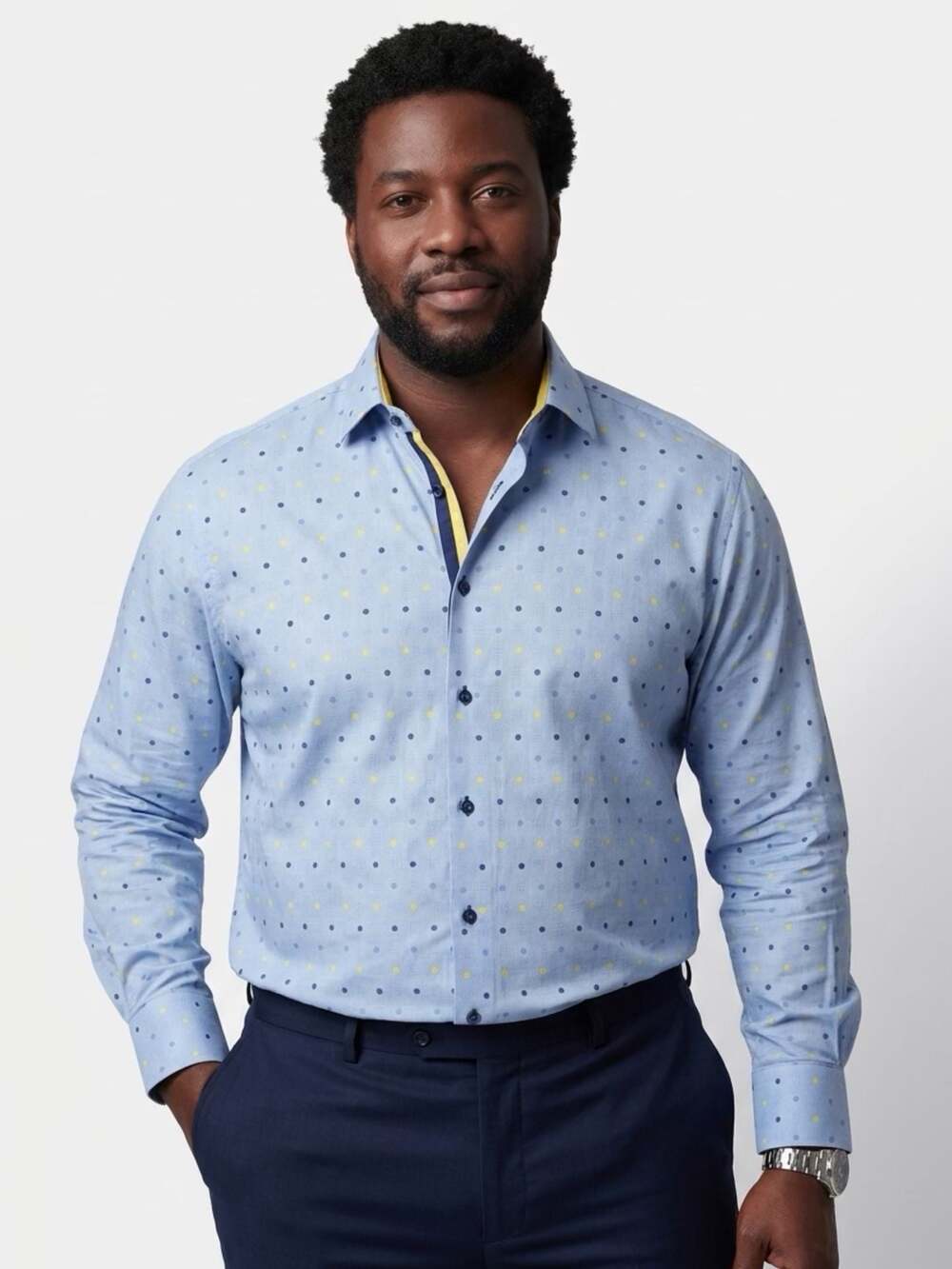 Steven Land Men's Blue Textured Geometric Dot Print Long Sleeve Dress Shirt